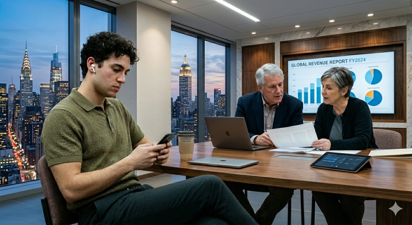Image of young worker on their phone while older co-workers are working on a project