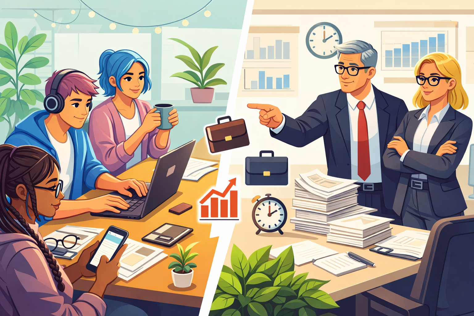 Vector Image of young workers vs gen x having conflicting work styles 