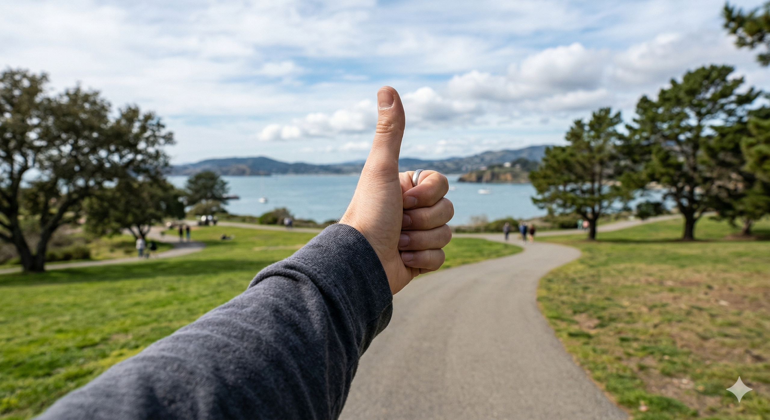 Photo of person sticking their arm and thumb out in front of them