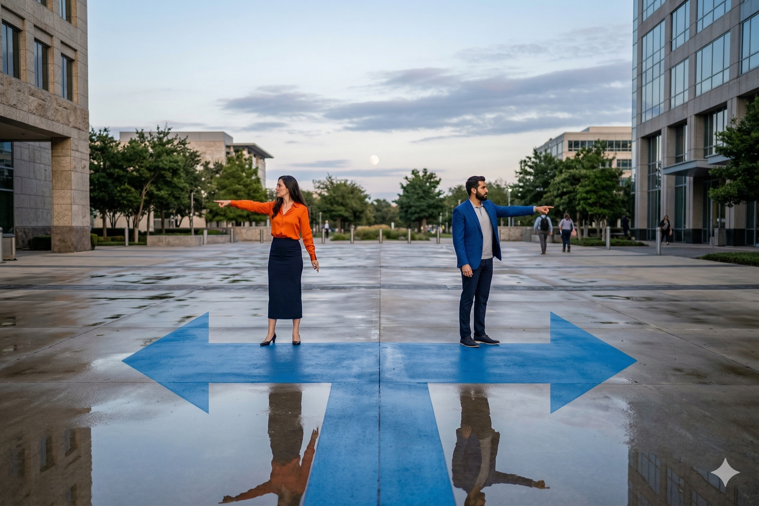 Image of two people looking and taking different directions based on a similar path