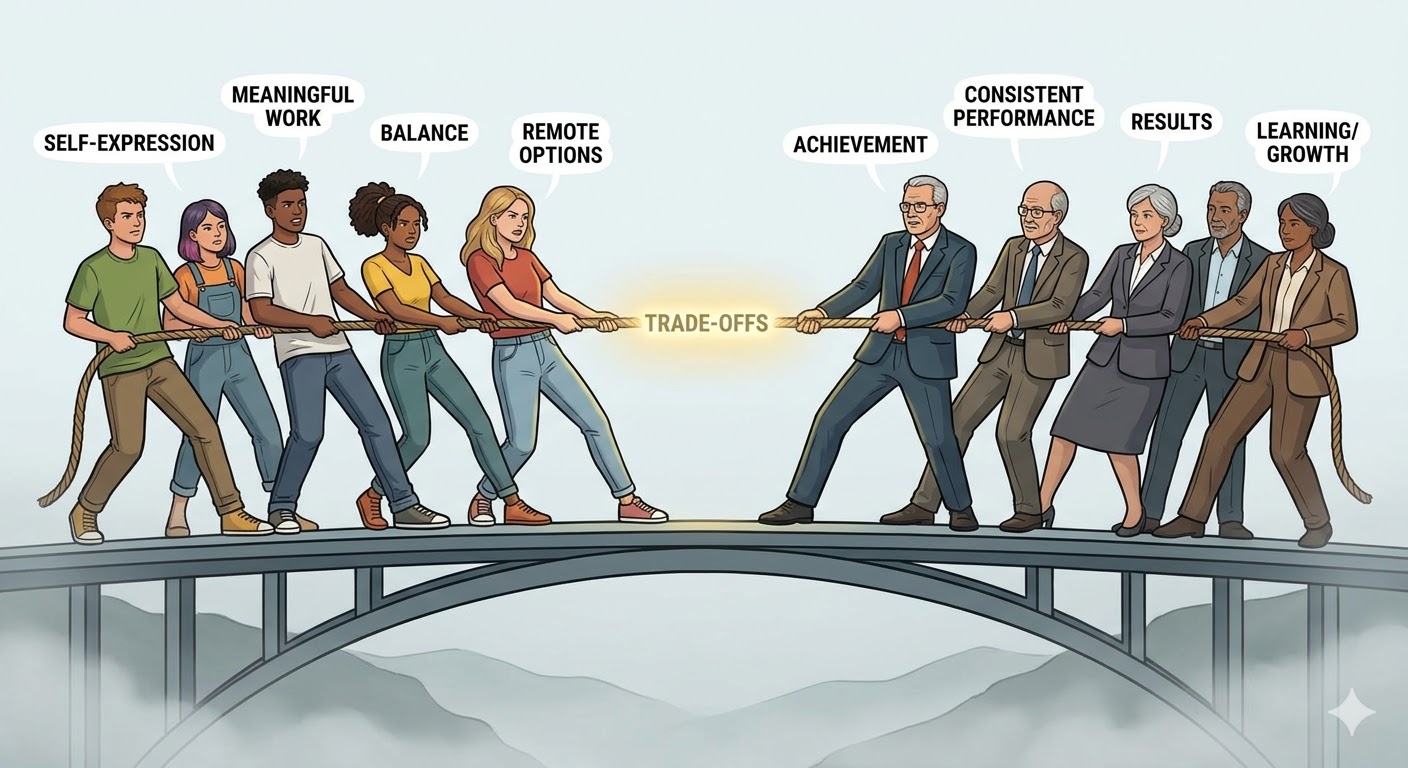 Image of Gen Z and Gen X pulling on tight rope conflicting work styles