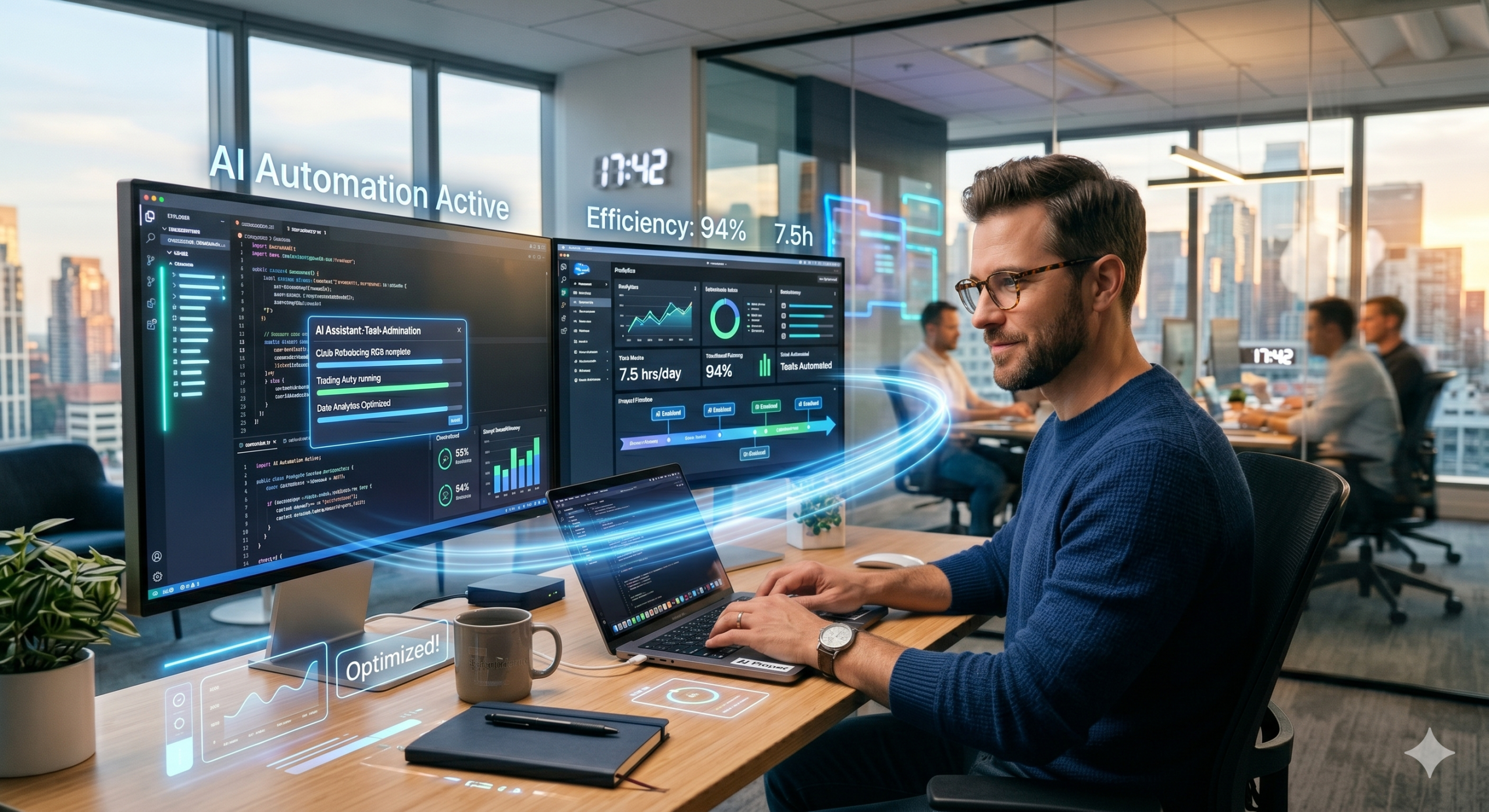 A man works at a laptop in a modern office with dual monitors displaying data, code, and text that says "AI Automation Active."