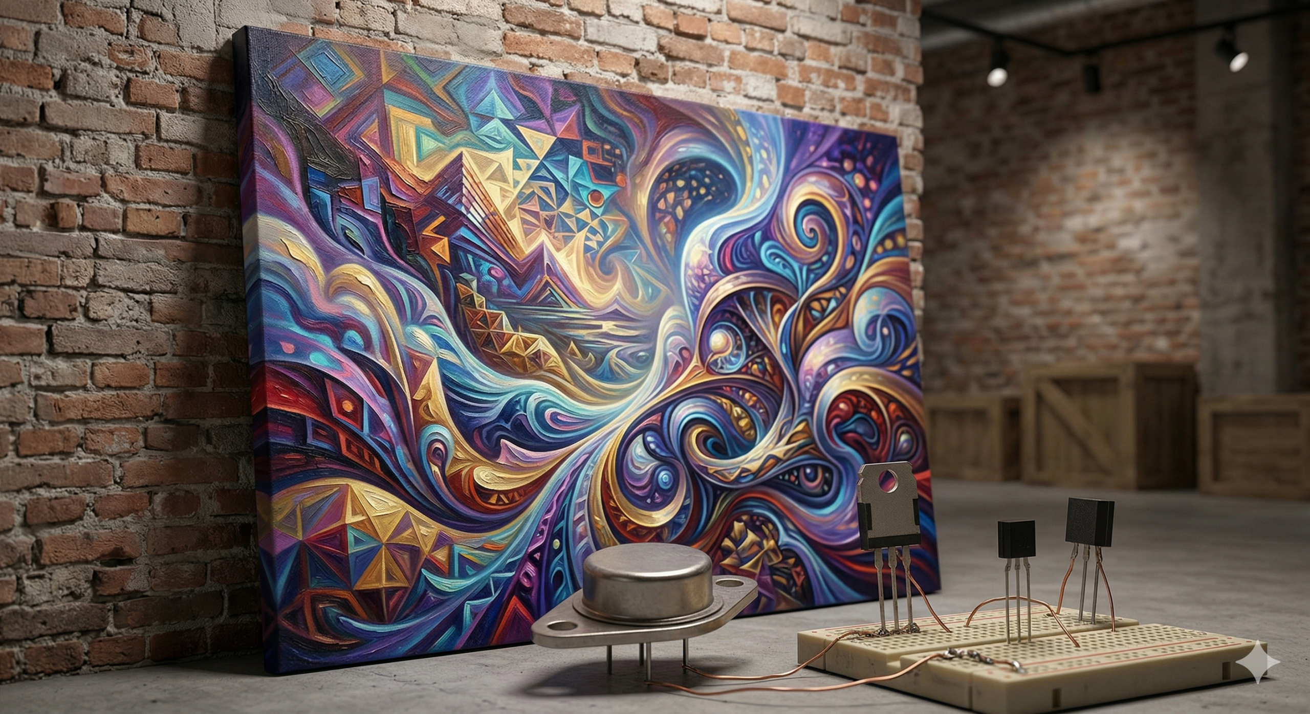 A photo featuring a vibrant abstract painting on the left, a brass-framed glass display case with labeled vintage transistors in the center, and an electronics breadboard with modern transistors on the right, all against an exposed brick wall.