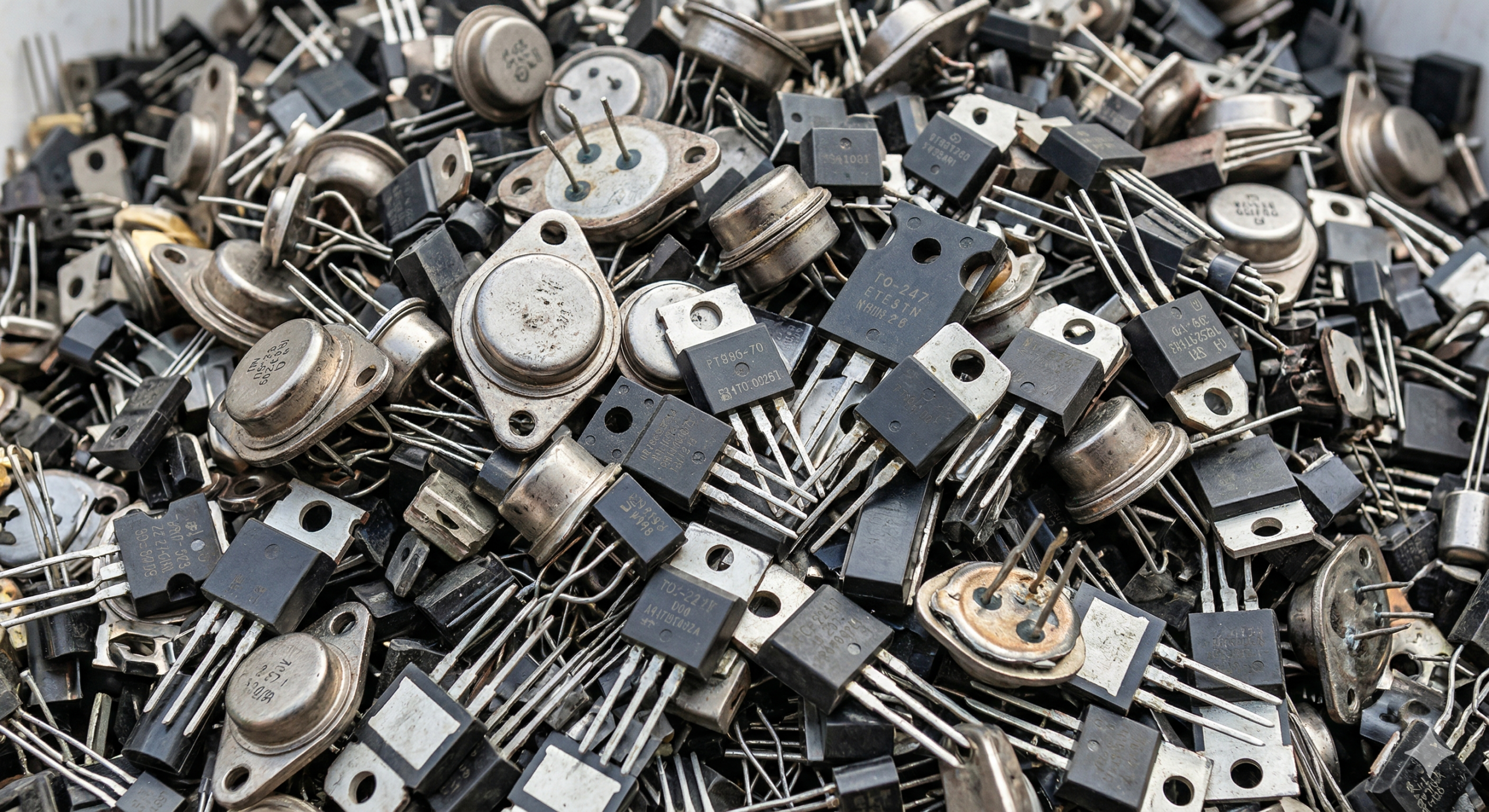 A close-up photograph of a large, messy pile of assorted transistors, including various shapes, sizes, and metallic and plastic casings.