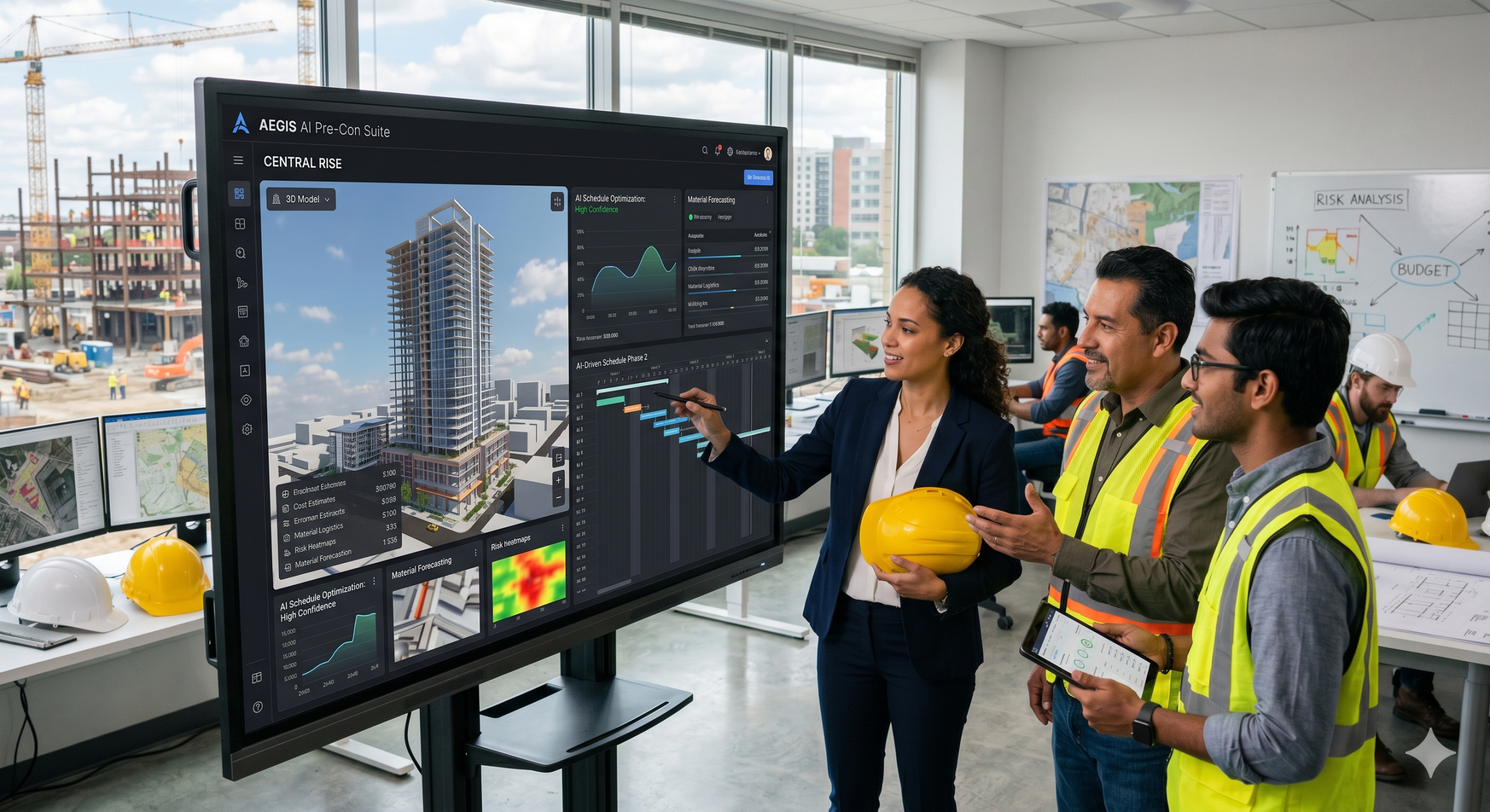 A diverse team of construction professionals reviews an AI-powered pre-construction dashboard on a large touchscreen, displaying 3D building models, data analytics, and project schedules with a construction site visible through the window.