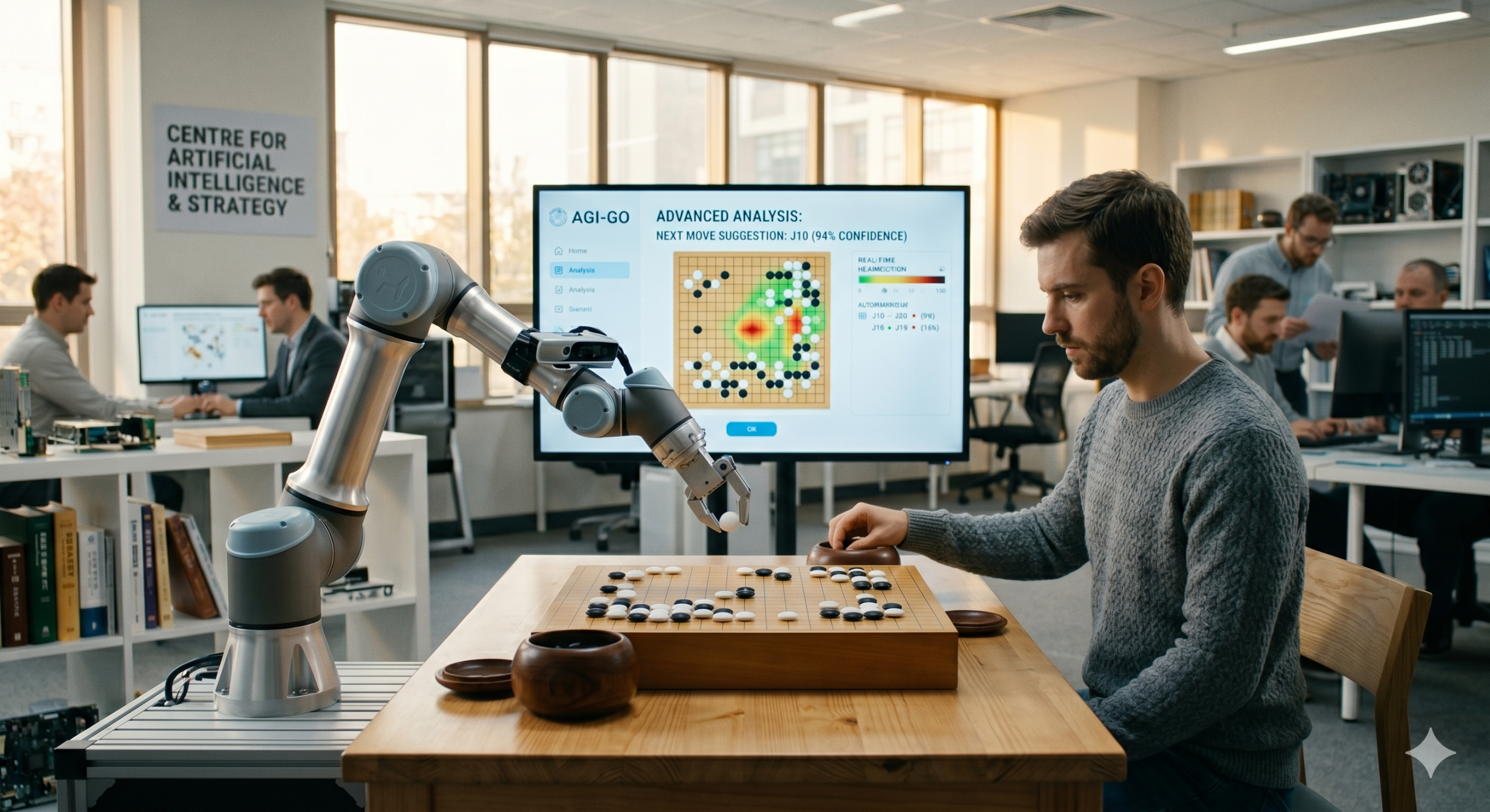 A man sits at a wooden table playing a game of Go against a robotic arm in a modern research lab, with a digital screen in the background displaying AI move analysis and probability heatmaps.