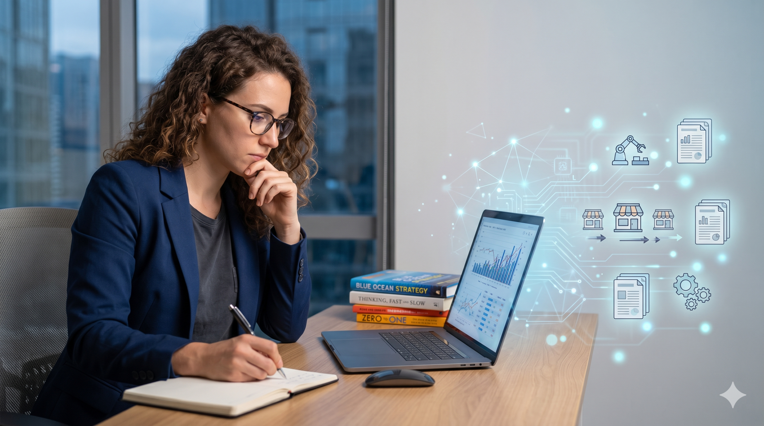 An entrepreneur thoughtfully writing in a notebook while a laptop displays AI-driven business data and icons.