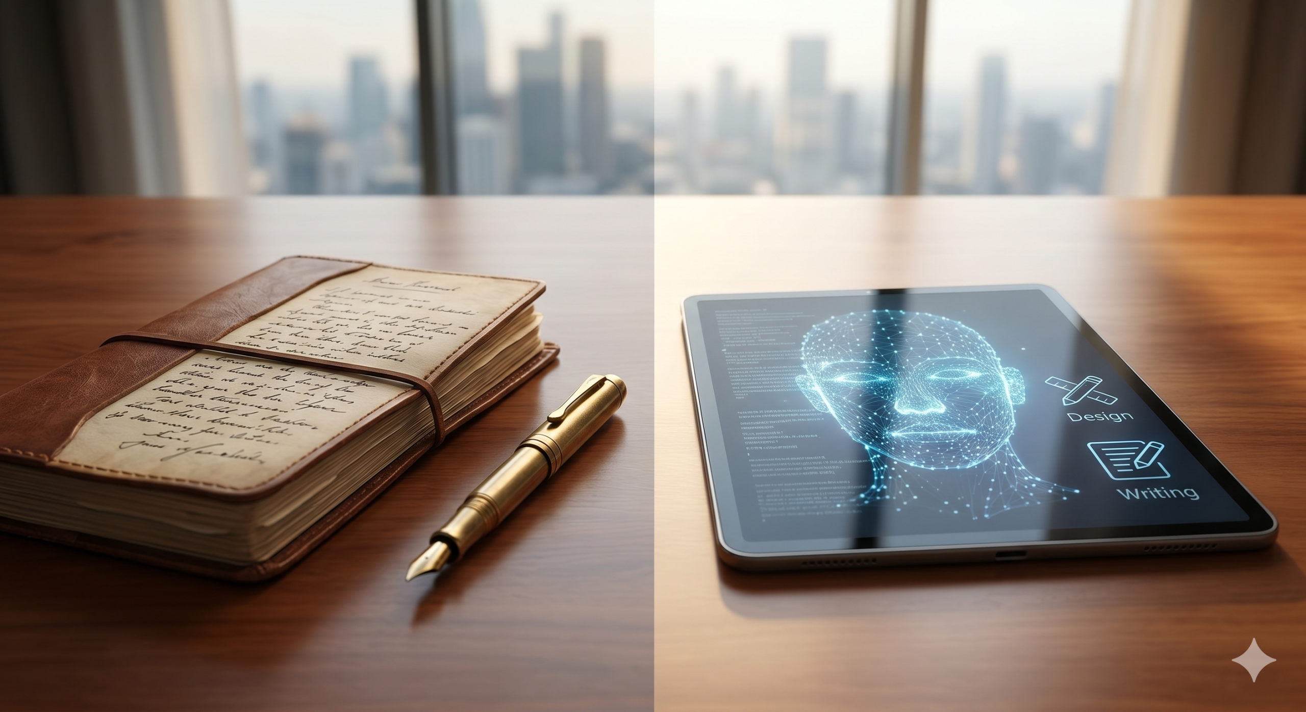 A comparison of a classic leather-bound journal and fountain pen next to a digital tablet displaying an AI interface on a wooden desk.