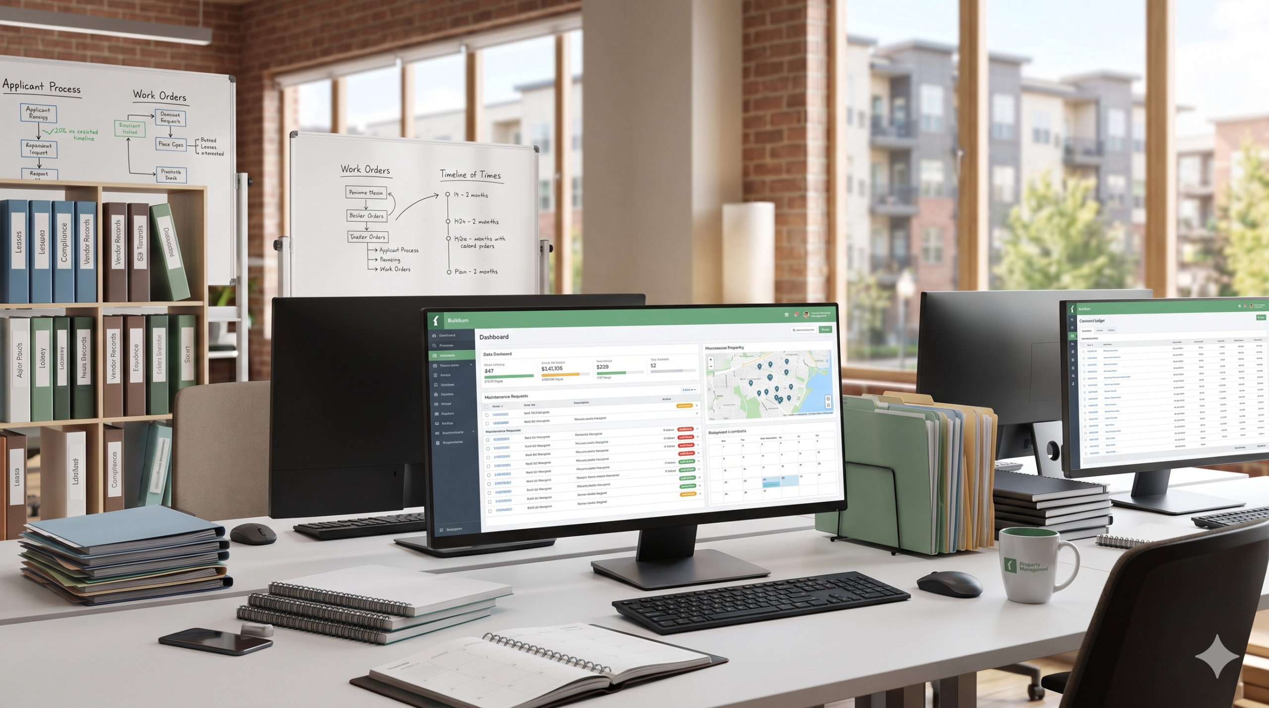 A modern property management office desk featuring digital dashboards on computer monitors, organized files, and a view of apartment buildings through the window.