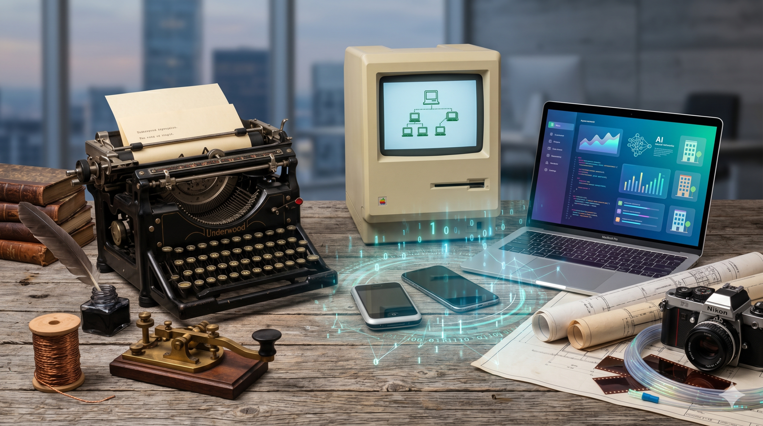 Evolution of technology from vintage tools like a typewriter and telegraph to a modern laptop with AI interfaces.