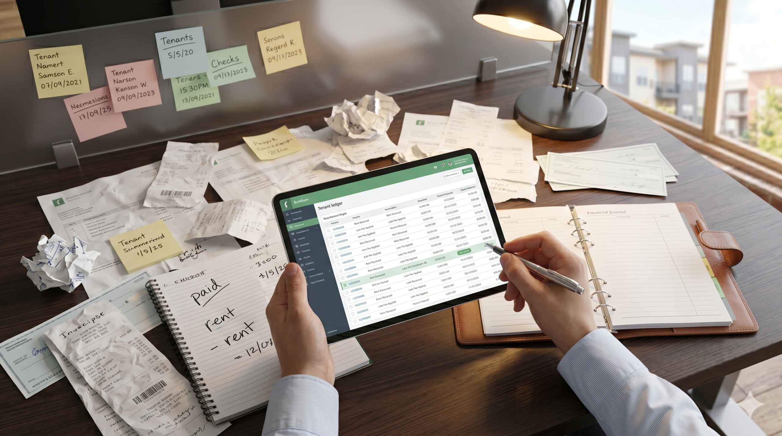 A chaotic, paper-strewn desk features crumpled receipts, loose checks, and sticky notes contrasting with a person using a tablet displaying a clean, digital tenant ledger interface with structured columns and financial data.